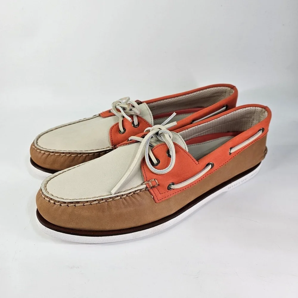 Sperry Gold Cup Tri-Tone Leather 2-Eye Boat Shoes Mens 14 White Orange Tan NWOT